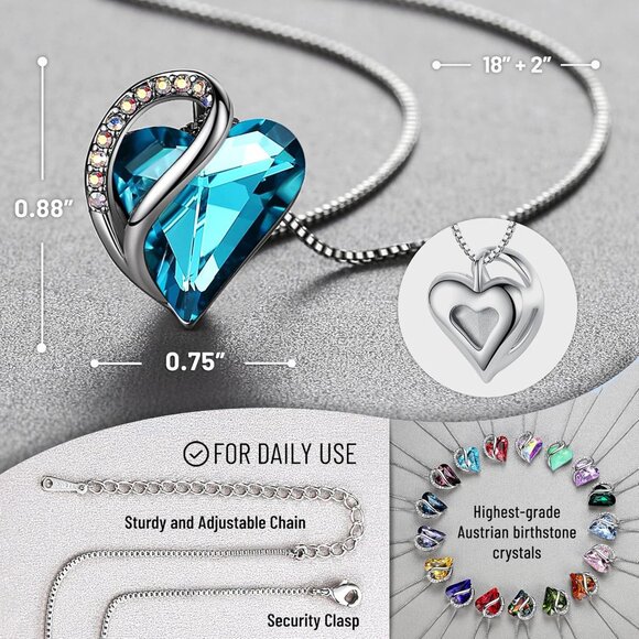 Infinity Love Birthstone Heart Pendant Zircon Blue Necklace Women Mom Silver - Picture 3 of 8